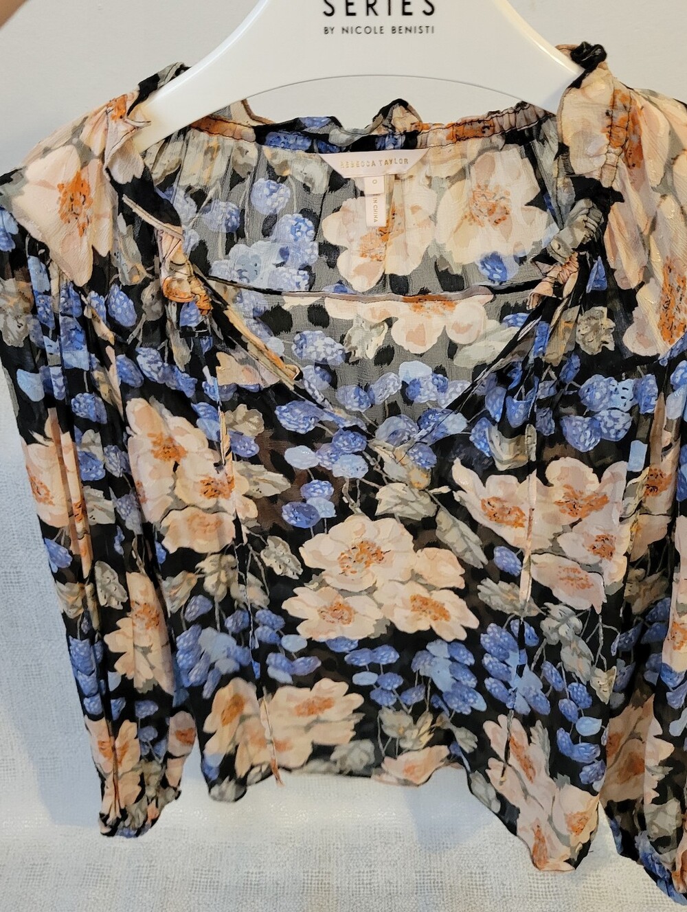 Rebecca Taylor Black Floral Tie-Neck Blouse with Blue & Cream Flowers size 0